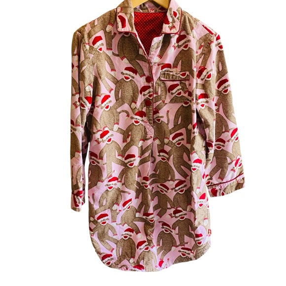 Nick & Nora Other - Nick & Nora Pink Sock Monkeys Santa Hat Flannel Nightgown Sleep Shirt Small